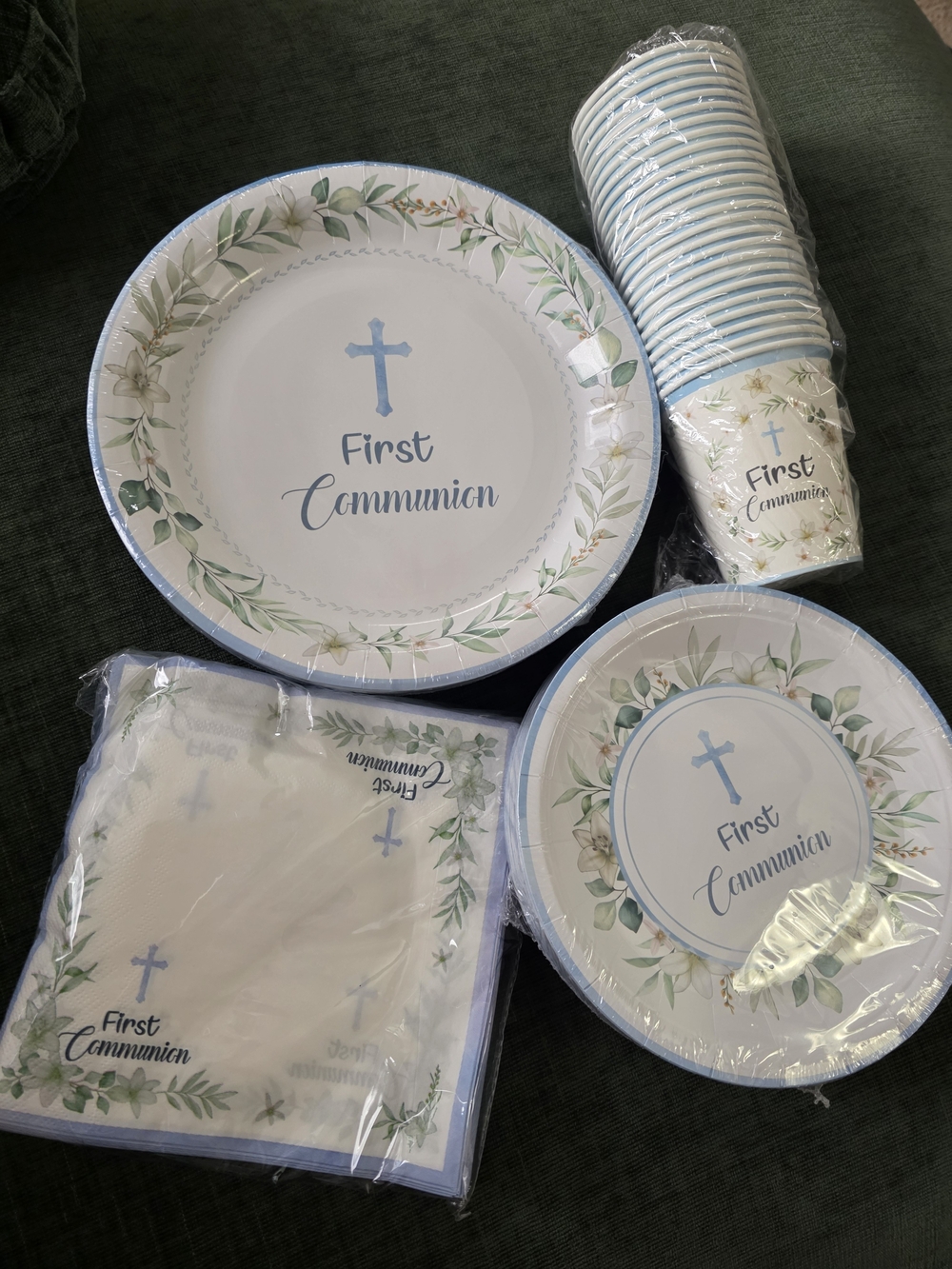 First Communion Party Paper Plates & Cups Set - Blue